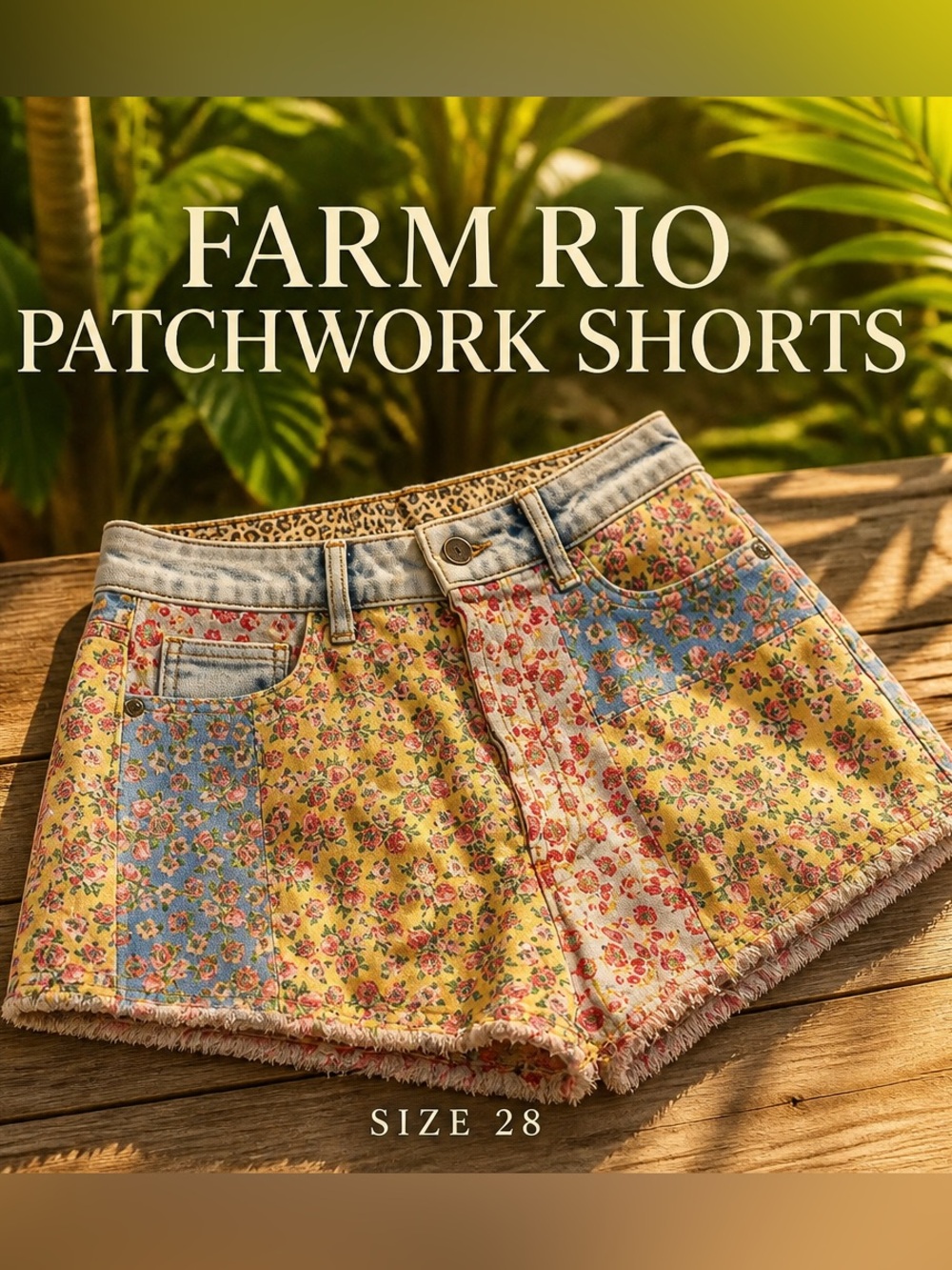 FARM Rio Anthropologie Floral Patchwork Denim-Trim Shorts sz 28